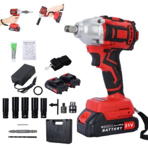 besufy cordless impact wrench, electric wrench with 2 x 1500mah batteries, 21v and 520nm high torque, 1/2 inch electric impact driver, brushless motor electric impact wrench for car lawn mower red