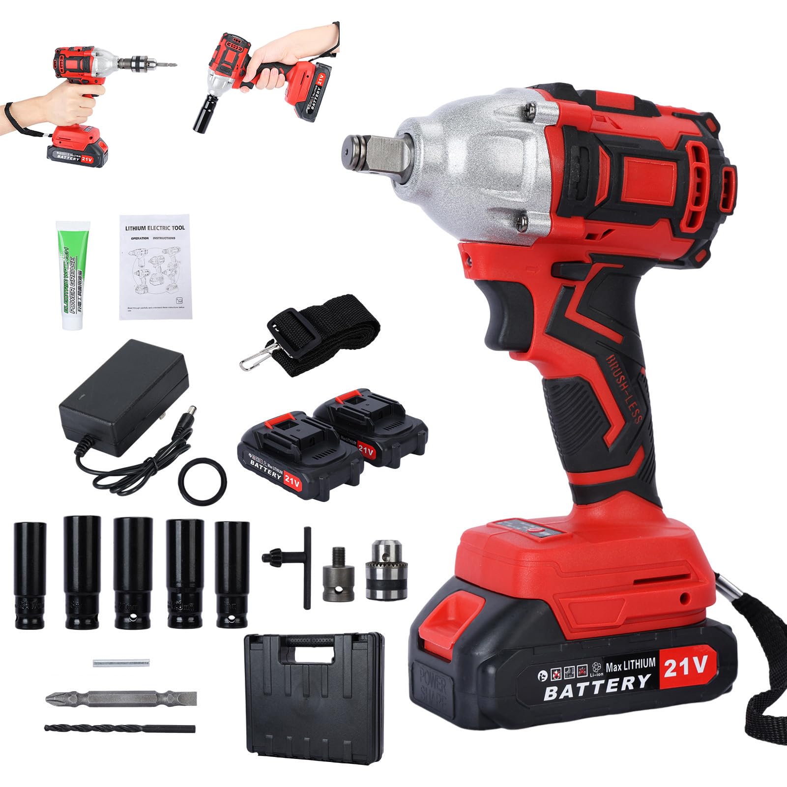 BESUFY Cordless Impact Wrench, Electric Wrench with 2 x 1500mAh Batteries, 21V and 520Nm High Torque, 1/2 Inch Electric Impact Driver, Brushless Motor Electric Impact Wrench for Car Lawn Mower Red