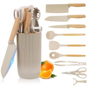 kitchen utensils set, 10 pcs non-stick stainless steel knives set and silicone cooking utensils spatula set with holder, wooden ergonomic handle home kitchenware accessories cookware set (khaki)