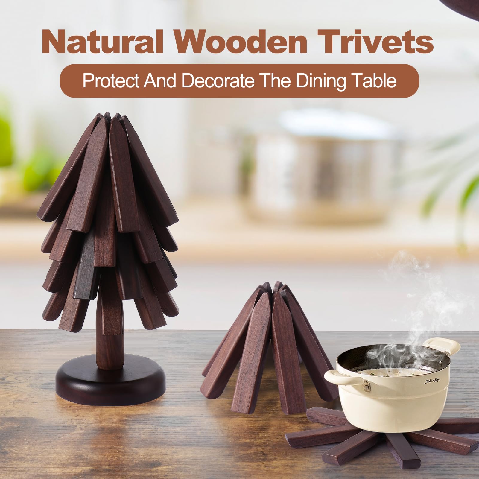 Fzaqwen Wooden Trivets for Hot Dishes - 4 Walnut Wood Trivet Tree Shape Table Insulation Mat Set for Hot Pots and Pans Collapsible Coasters Heat Resistant Pads for Kitchen Counter Walnut Wood