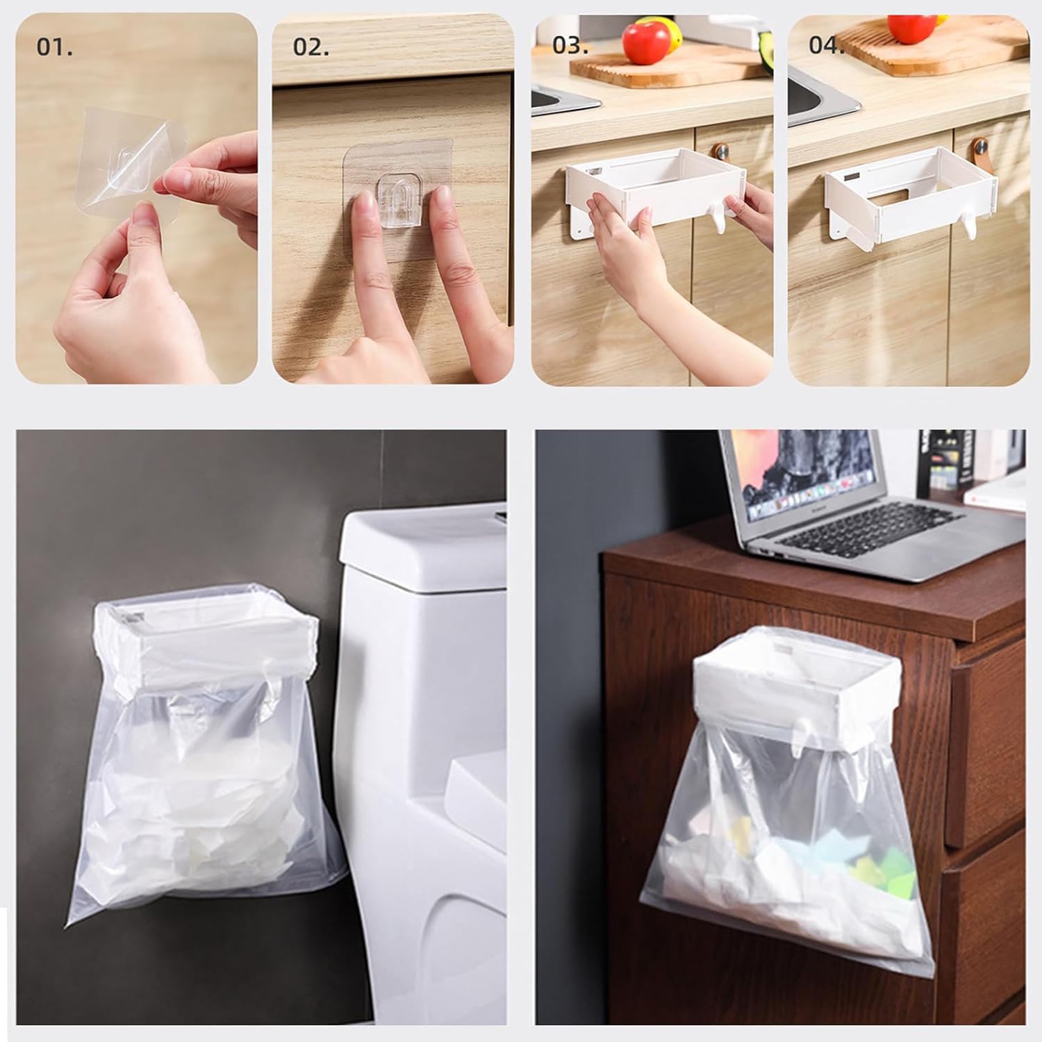 Wall-Mounted Foldable Trash Bag Holder, Multifunctional Garbage Bag Holder Frame, Kitchen Trash Organizer, Foldable Trash Bag Holder, for Bathroom Kitchen (Grey)