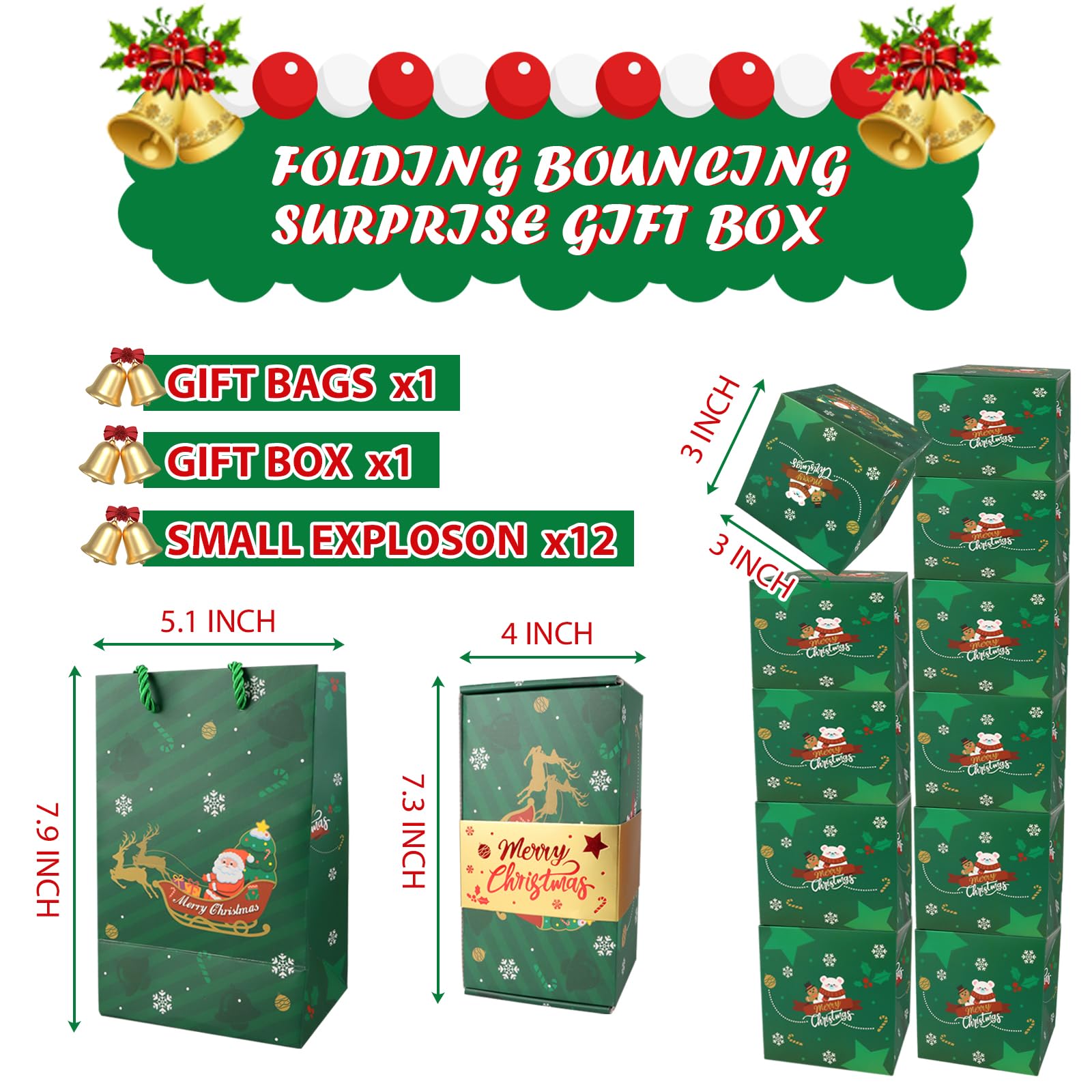 CSMGY Surprise Box Gift Box for Money, Christmas Surprise Gift Box Explosion, Folding Bouncing Gift Box for Christmas Birthday Anniversary, 12 Bounces Boxes (Green)