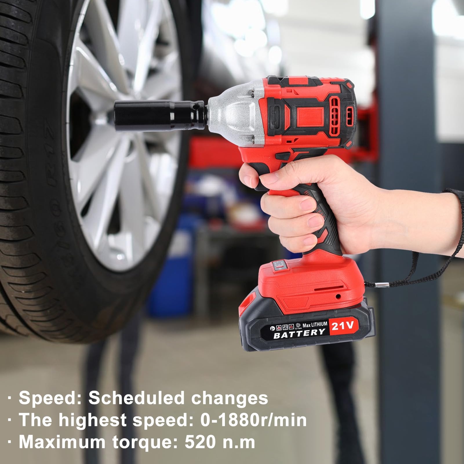 BESUFY Cordless Impact Wrench, Electric Wrench with 2 x 1500mAh Batteries, 21V and 520Nm High Torque, 1/2 Inch Electric Impact Driver, Brushless Motor Electric Impact Wrench for Car Lawn Mower Red