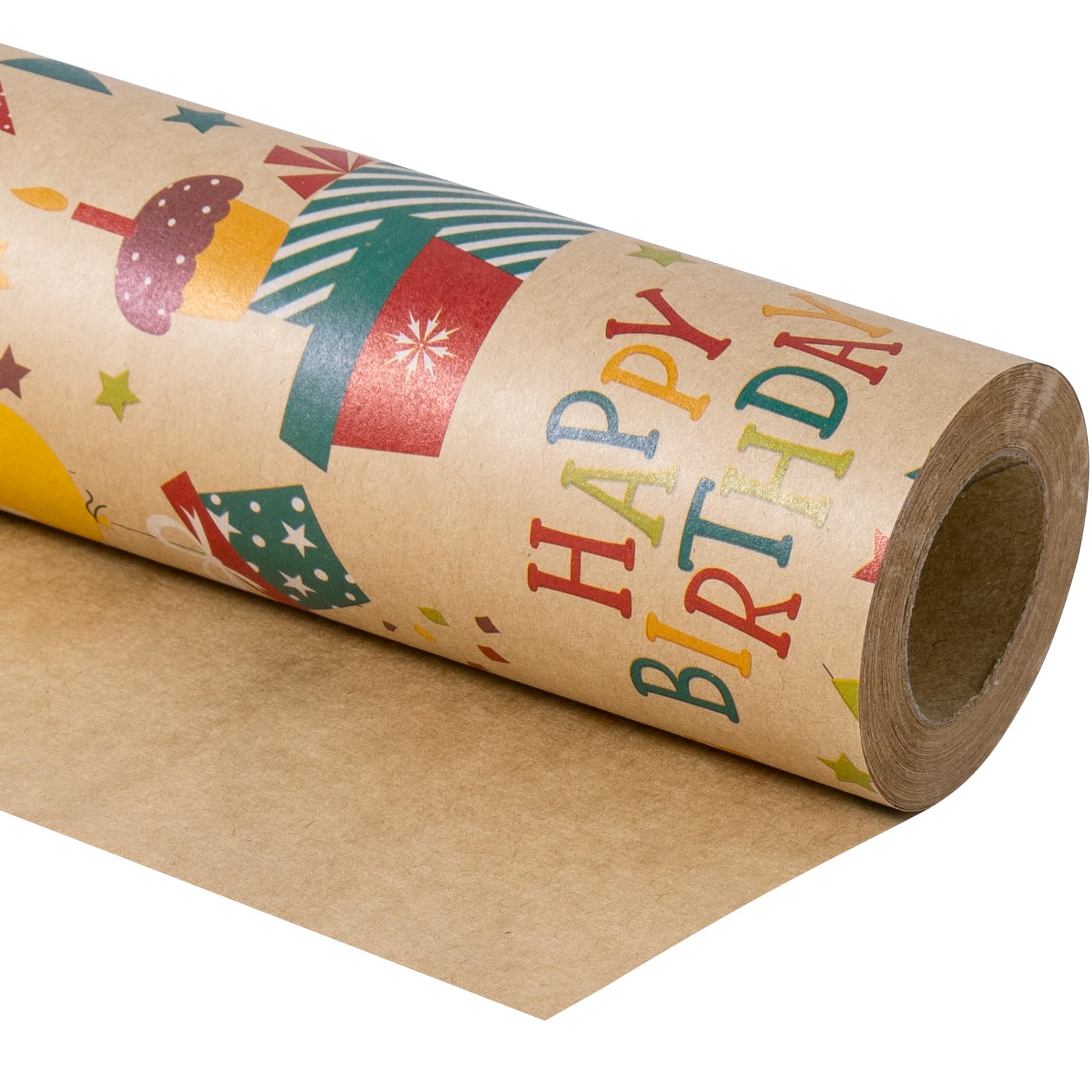 RUSPEPA Kraft Wrapping Paper Roll - Mini Roll - Colorful Happy Birthday Pattern Great for Birthday, Party, Baby Shower - 17 Inches X 32.8 Feet