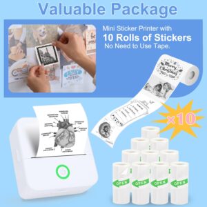 Vicbear Mini Sticker Printer, Sticker Maker Machine Printer with 10 Sticker Paper Rolls, Mini Printer Sticker Maker for Photos/Labels/Notes, Inkless Thermal Portable Printer for Phone/Tablet, White