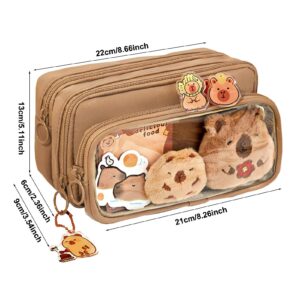 GUANGLU Cute Capybara Pencil Case, Clear Aesthetic Pencil Pouch with Cute Capybara Pins and Plush, Large Capacity Multi-layers Pen Case Cute Stationery School Supplies