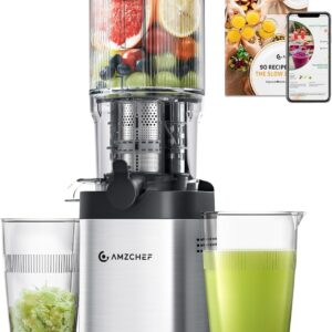 AMZCHEF Cold Press Juicer, Juicer Machines - 5.2" Large Feed Chute for Whole Fruits & Vegetables, Stainless Steel Slow Masticating Juicer Easy to Clean, Large Auger, Double Strainers, Silver