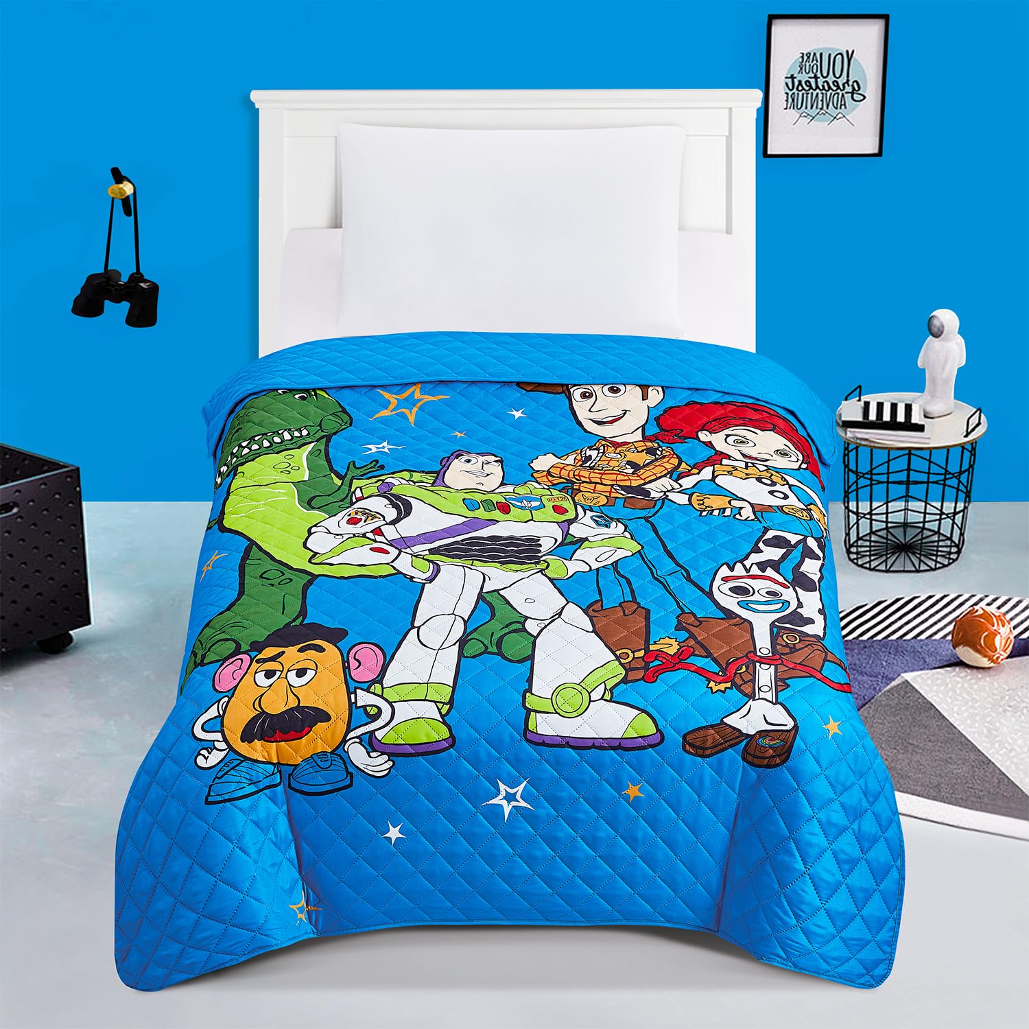 Toy Story Bedspread Twin Set - Bundle with Buzz and Woody Quilted Blanket Plus Stickers, More | Toy Story Twin Bedding Set for Kids