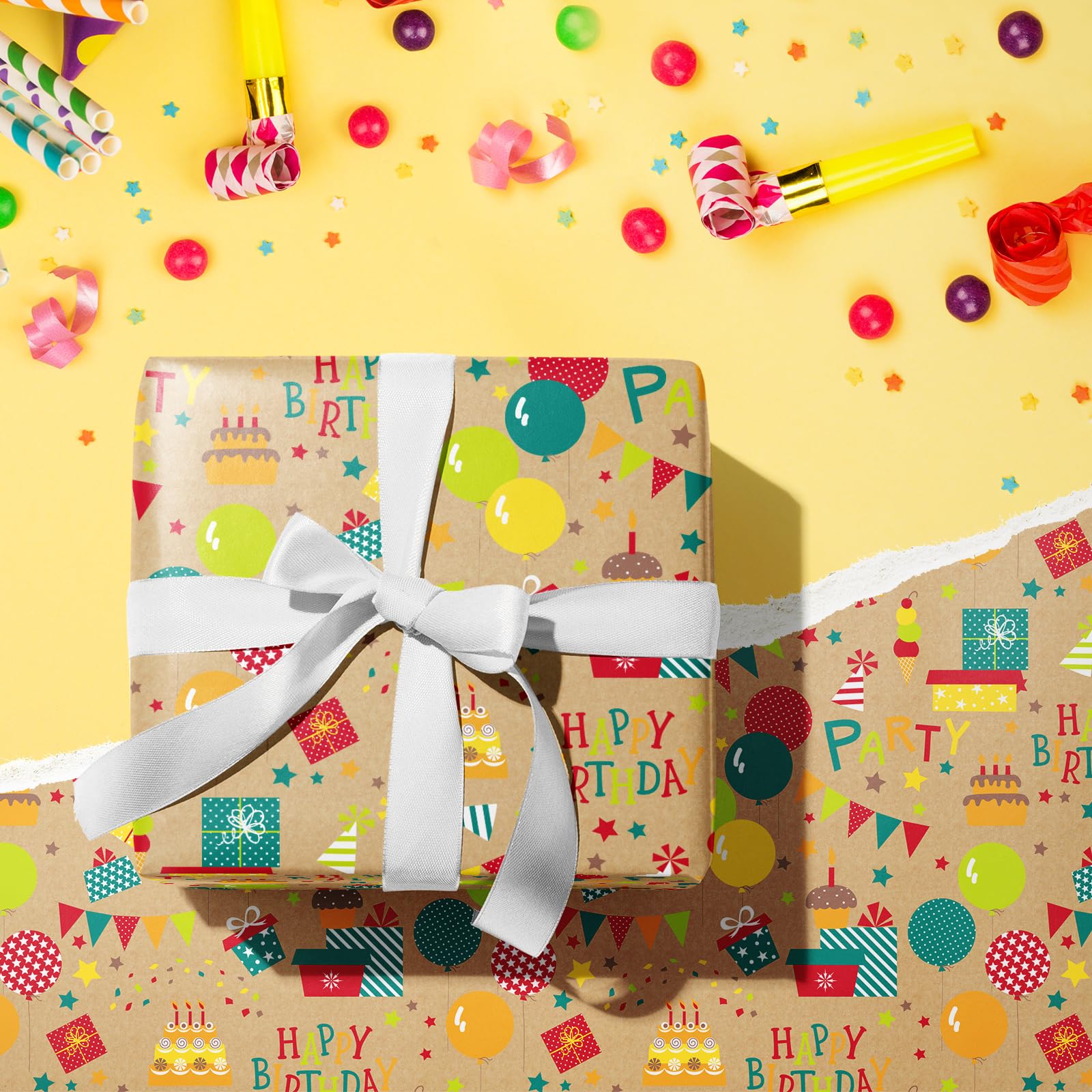 RUSPEPA Kraft Wrapping Paper Roll - Mini Roll - Colorful Happy Birthday Pattern Great for Birthday, Party, Baby Shower - 17 Inches X 32.8 Feet