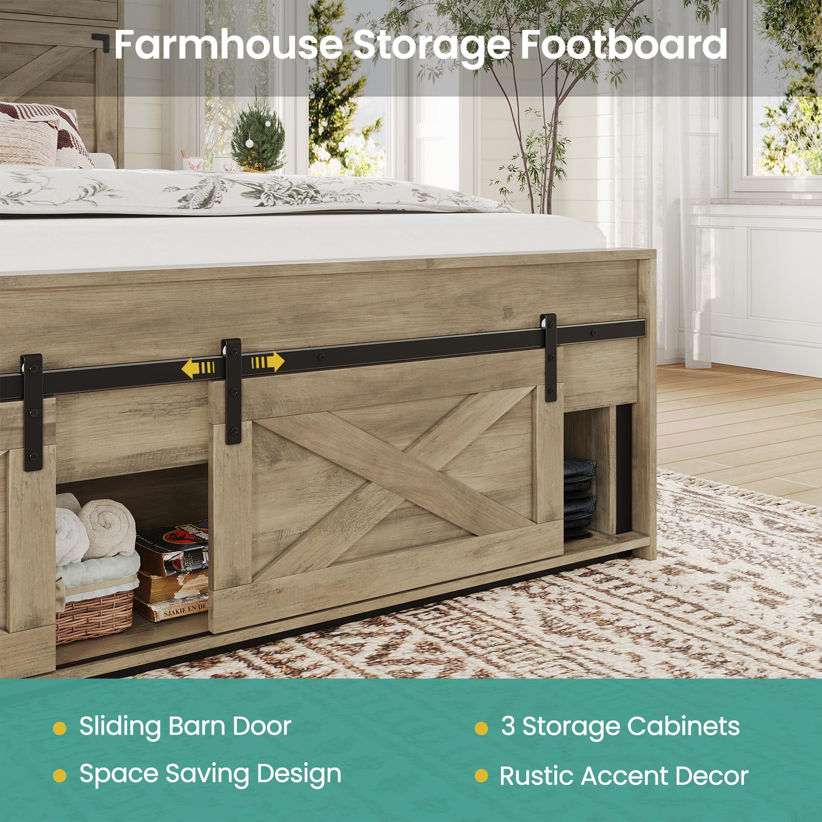 Hasuit Farmhouse Bed Frame Queen Size with LED Lights and Charging Station, 51.4" High Headboard with Storage Shelves and Rustic Country Queen Bed with Sliding Barn Door Storage Footboard, Rustic Oak