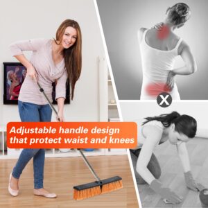 LUCHIA 18” Heavy Duty Push Broom with 65” Adjustable Stainless Steel Handle | Flagged Bristles for Indoor & Outdoor Broom for Floor Cleaning with Brooms, Gloves & Cloth | Orange