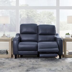 Signature Design by Ashley Mercomatic Contemporary Leather Match Wall Hugger Power Reclining Loveseat with Adjustable Headrest and USB Ports, Blue