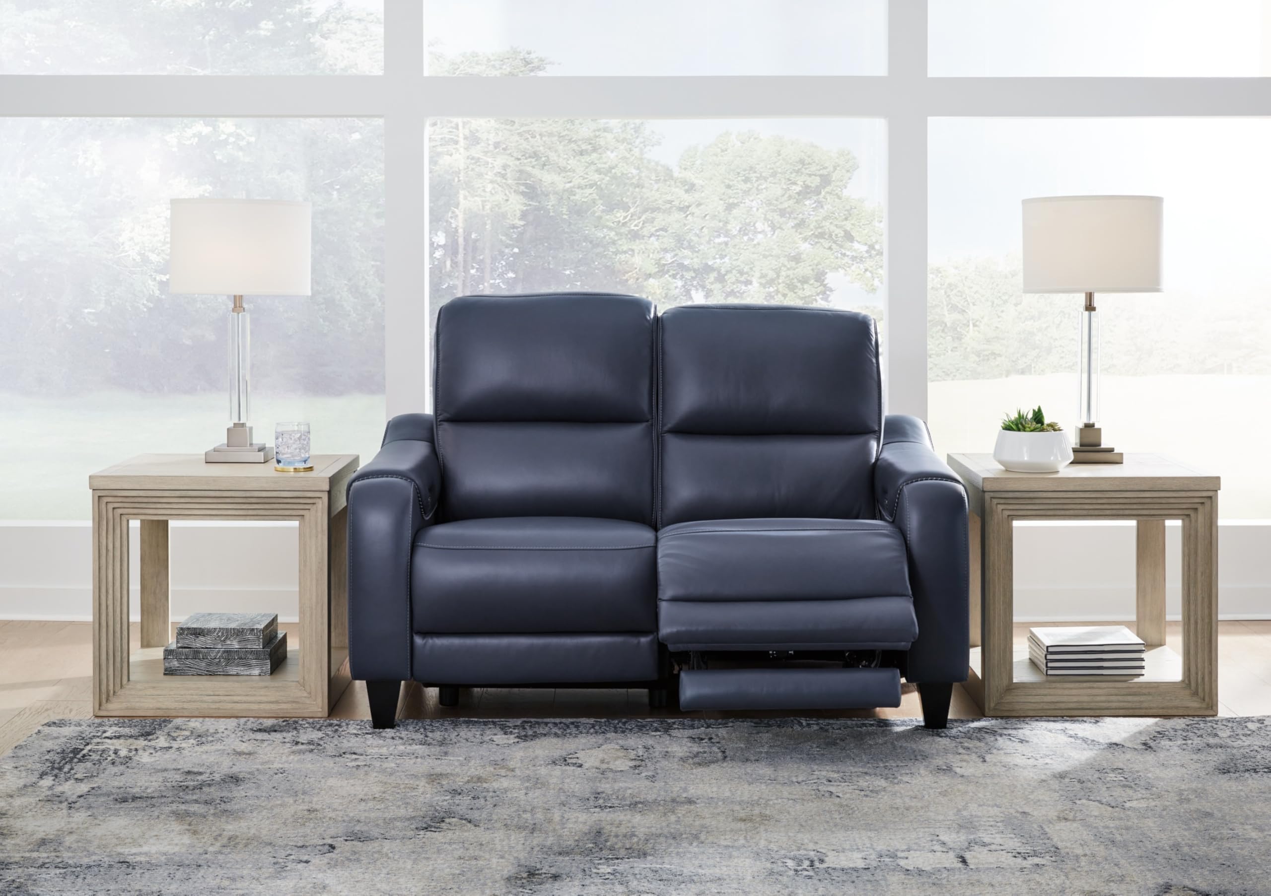 Signature Design by Ashley Mercomatic Contemporary Leather Match Wall Hugger Power Reclining Loveseat with Adjustable Headrest and USB Ports, Blue