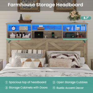 Hasuit Farmhouse Bed Frame Queen Size with LED Lights and Charging Station, 51.4" High Headboard with Storage Shelves and Rustic Country Queen Bed with Sliding Barn Door Storage Footboard, Rustic Oak