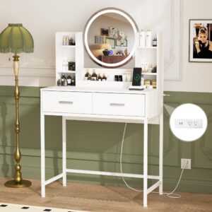 hdddzsw vanity desk with mirror and lights, make up vanity desk with charging station and 2 drawers, dressing table with 3-lighting-modes makeup mirror, white vanity makeup table for bedroom