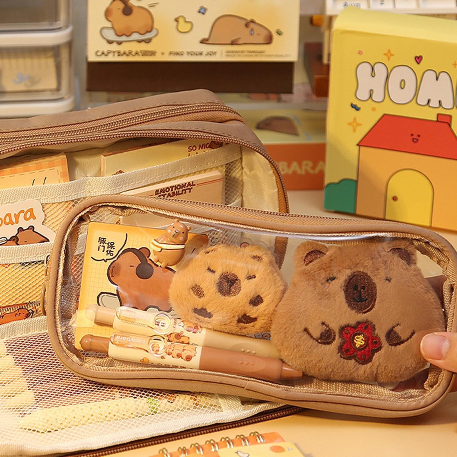 GUANGLU Cute Capybara Pencil Case, Clear Aesthetic Pencil Pouch with Cute Capybara Pins and Plush, Large Capacity Multi-layers Pen Case Cute Stationery School Supplies