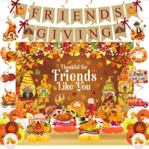 friendsgiving decorations kit, friendsgiving party decorations thanksful for friends banner backdrop, happy friendsgiving honeycomb centerpiece hanging swirls for thanksgiving decorations indoor