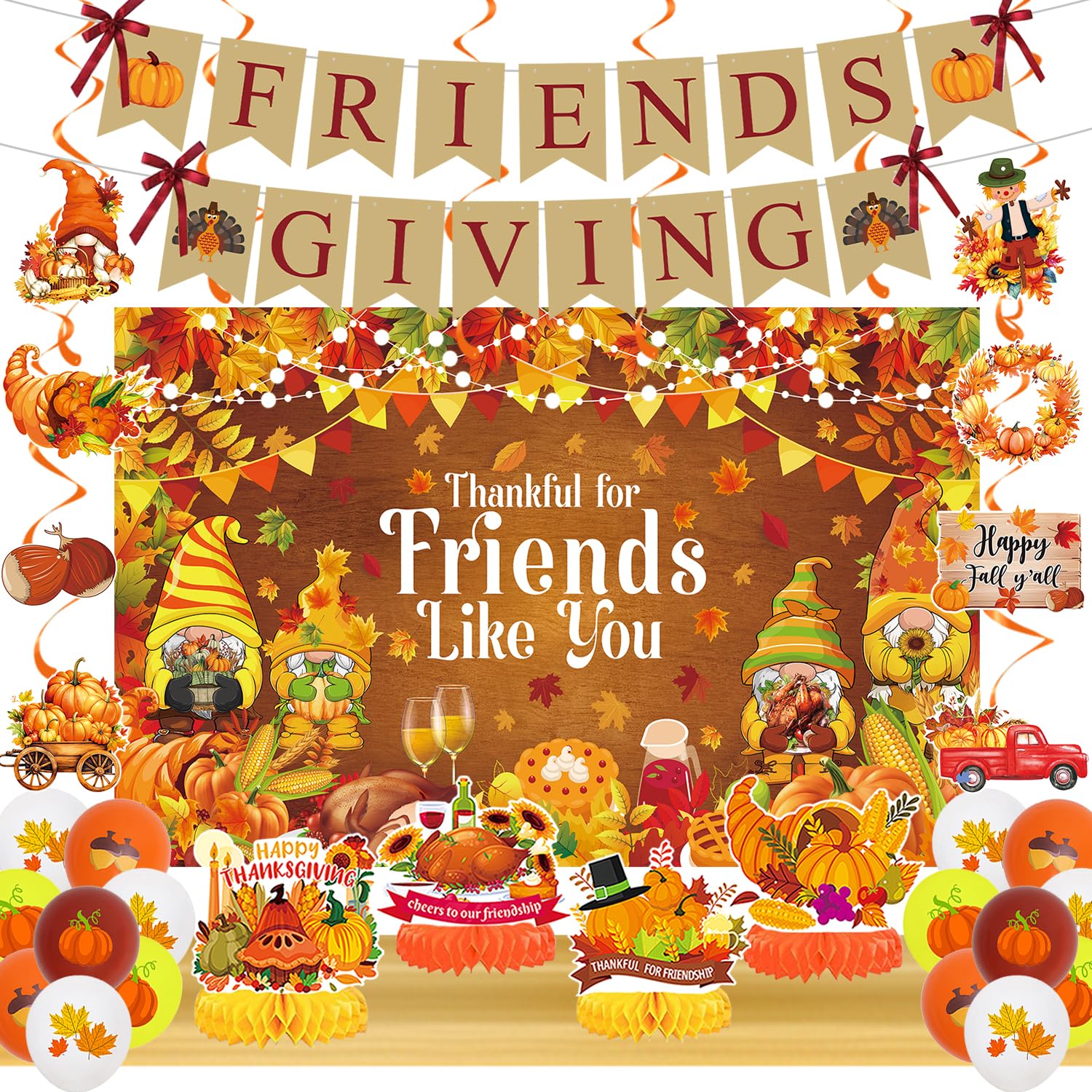 Friendsgiving Decorations Kit, Friendsgiving Party Decorations Thanksful for Friends Banner Backdrop, Happy Friendsgiving Honeycomb Centerpiece Hanging Swirls for Thanksgiving Decorations Indoor