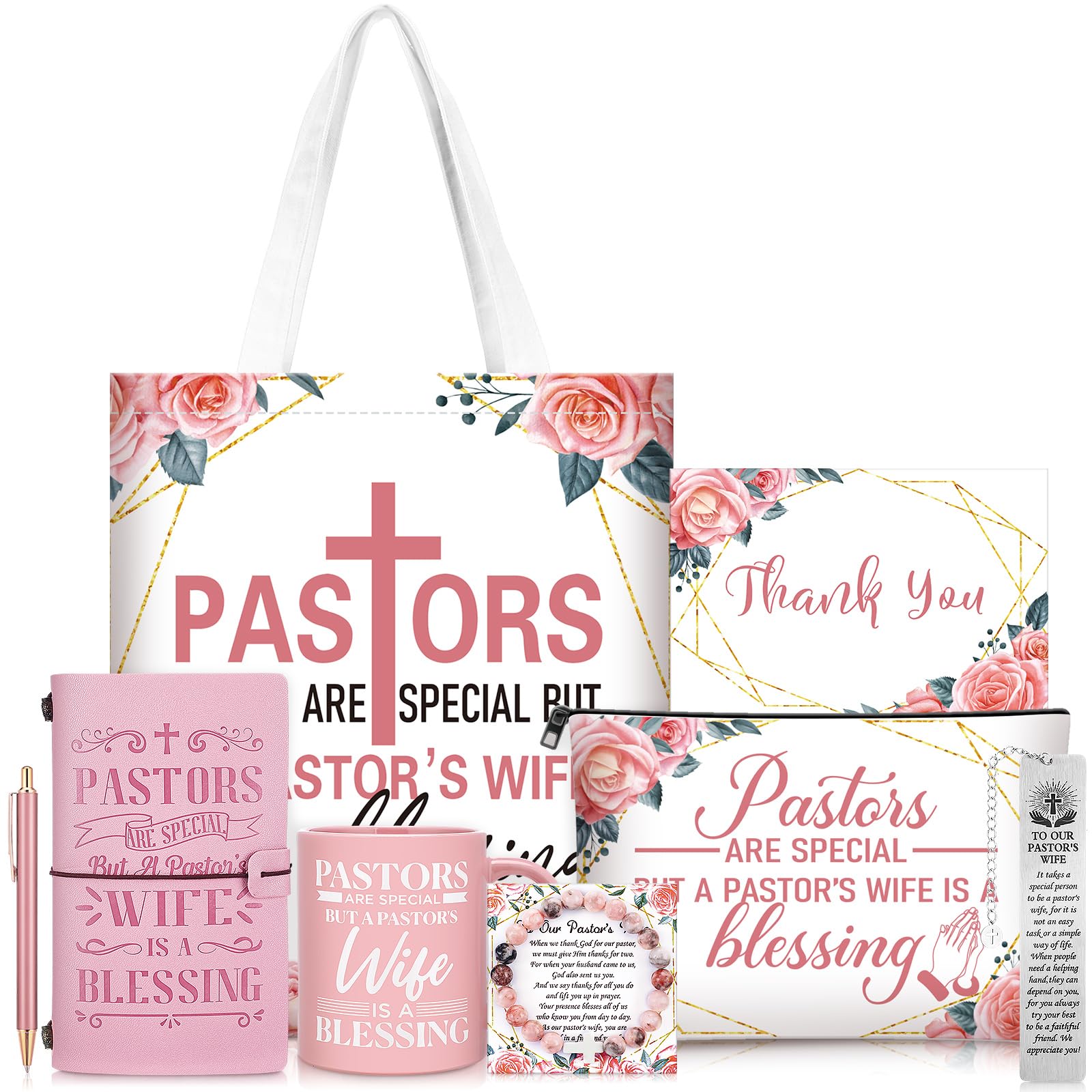 Cosblank 8 Pcs Pastor's Wife Appreciation Gifts Set Includes Leather Journal Pen Handbag Makeup Bag Mug Natural Stone Bracelet Bookmark Christian Faith Religious Gifts Christmas Thank You Gift