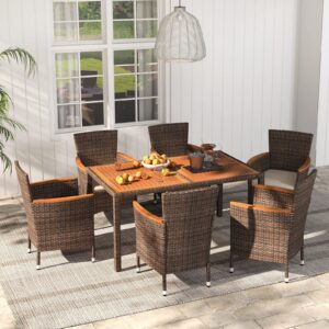 Toolsempire 7 Pieces Patio Wicker Dining Set Outdoor Dining Set, Patio Furniture Set with Acacia Wood Table and Chairs, Garden Dining Table Set for Desk, Poolside, Backyard (Brown)