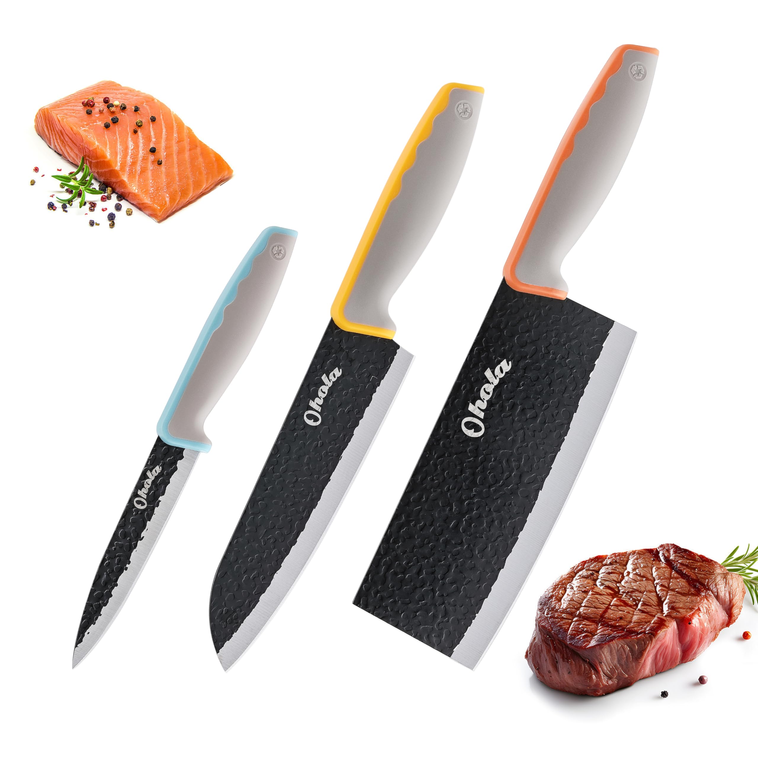 3PCS Kitchen Knvies, Includes 7 inch Chef Knife, 7 inch Cleaver Knife and 4.5 inch Boning Knife, Stainless Steel Blade with Ergonomic Rubber Handle, Dishwasher Safe (Orange, Yellow, Blue)