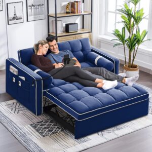 SLEERWAY Convertible Sofa Bed, 3-in-1 Sleeper Sofa with Pull-Out Bed, Velvet Futon Couch with Adjustable Backrest and Side Pocket, Modern Loveseat for Living Room Apartment, Blue