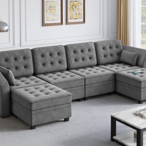 DWVO Modular Sectional Sofa, U Shaped Sectional Couch with Reversible Chaise Velvet 6-Seater Sectional Couch with 3-Position Adjustable Armrests and USB Port