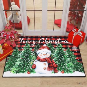 shacos christmas doormat washable non-slip christmas red and black plaid and snowman doormats, winter xmas tree low profile entrance floor mat merry christmas decorations for home, 32"x48"