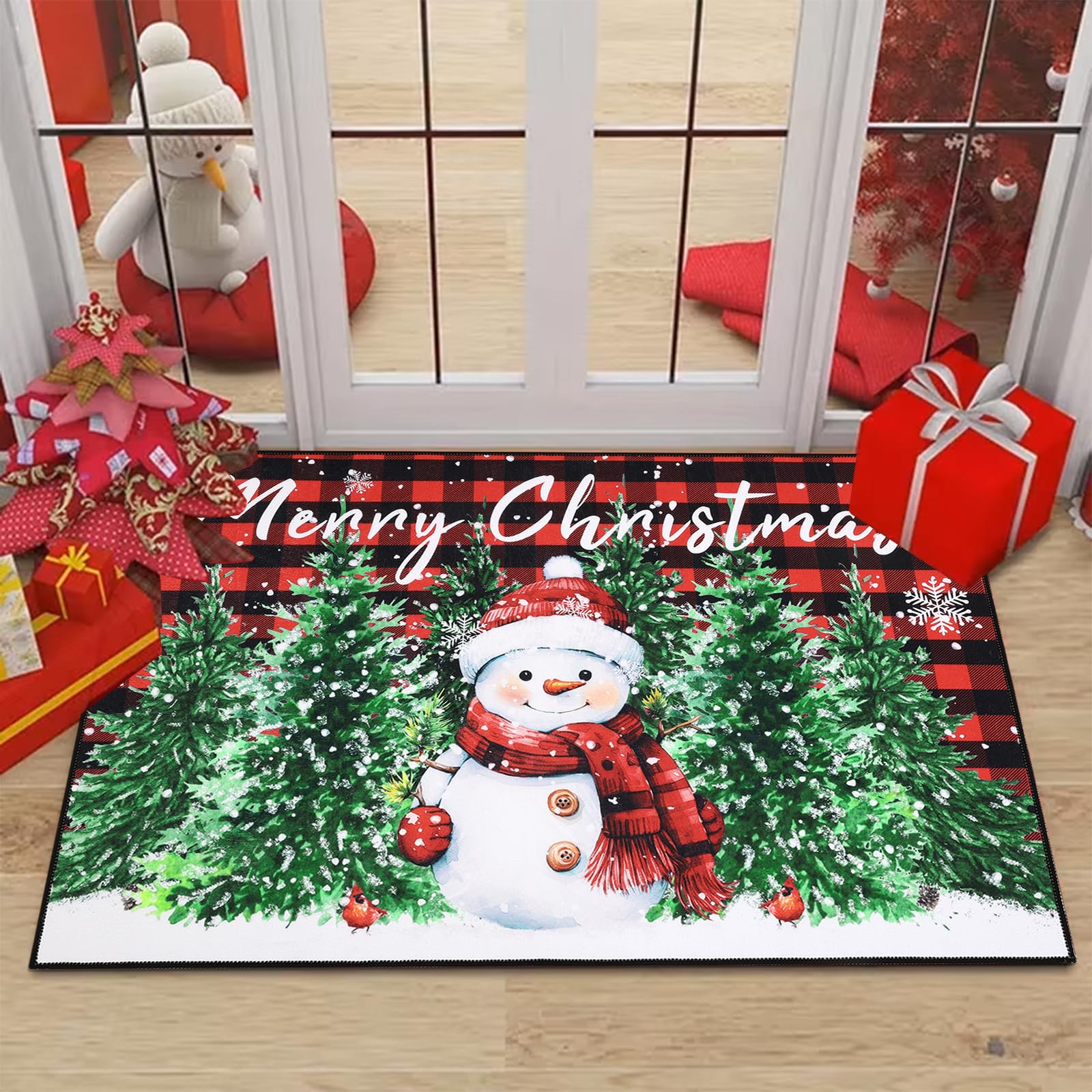 SHACOS Christmas Doormat Washable Non-Slip Christmas Red and Black Plaid and Snowman Doormats, Winter Xmas Tree Low Profile Entrance Floor Mat Merry Christmas Decorations for Home, 32"x48"