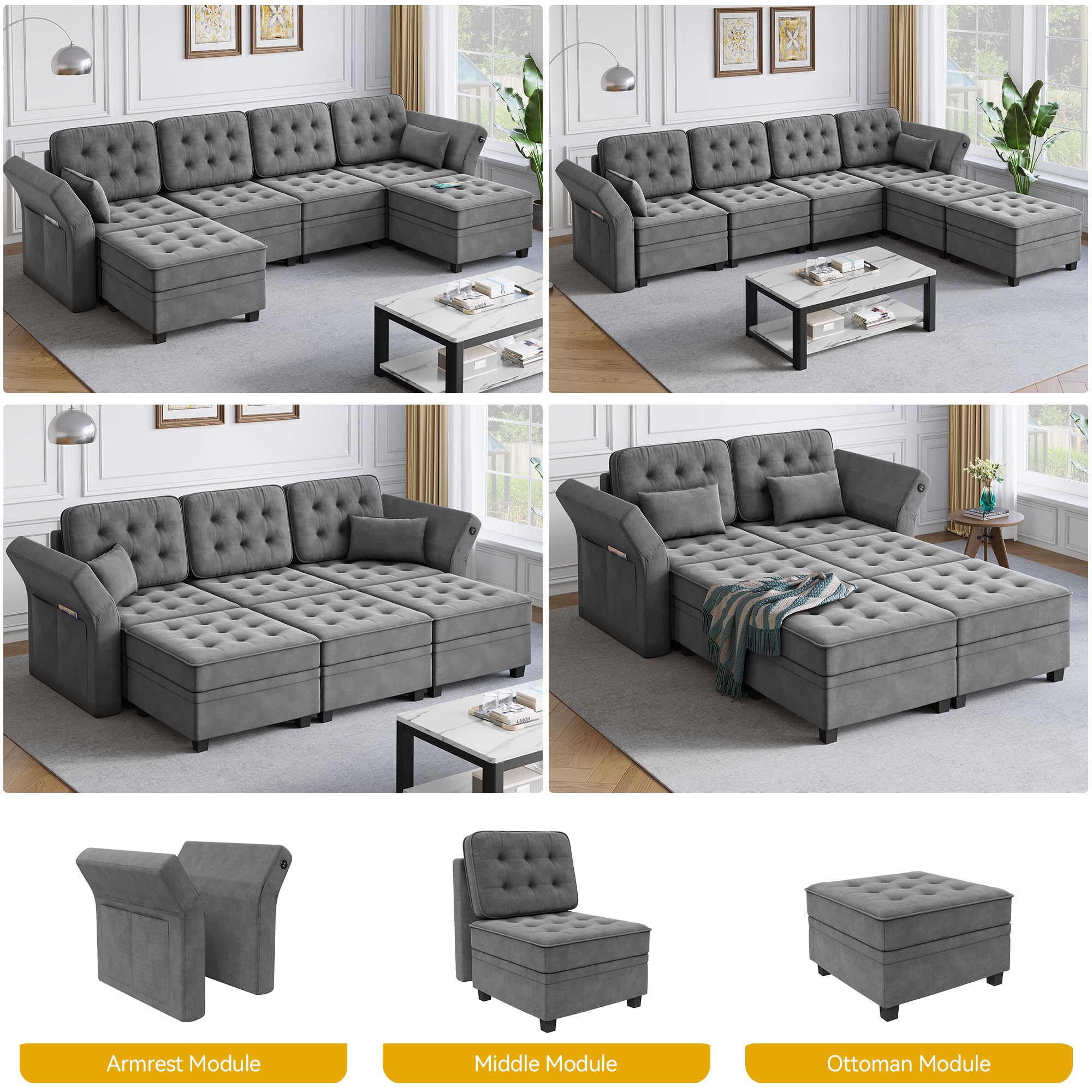 DWVO Modular Sectional Sofa, U Shaped Sectional Couch with Reversible Chaise Velvet 6-Seater Sectional Couch with 3-Position Adjustable Armrests and USB Port