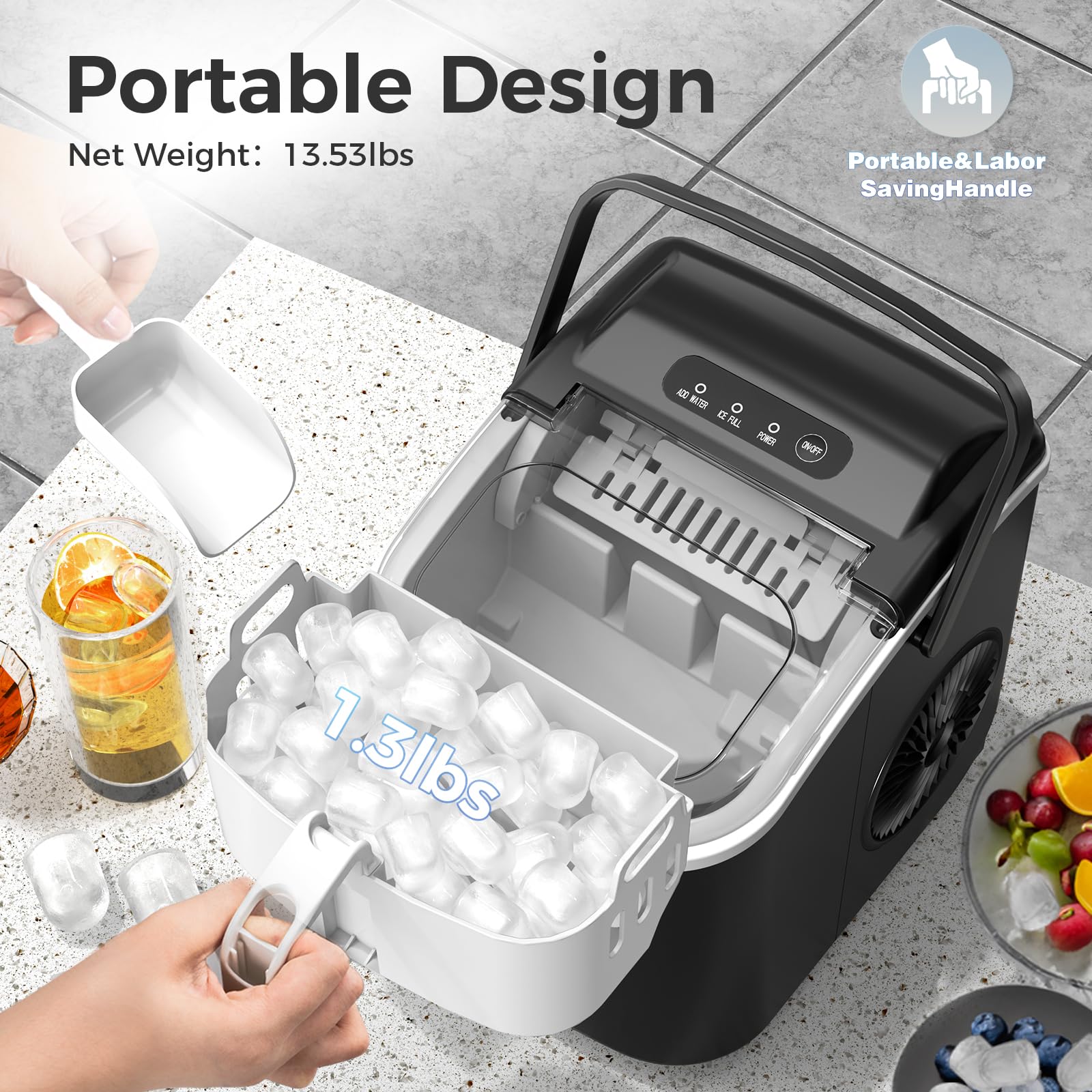 Ice Maker Countertop Self-Cleaning Portable Compact Small Mini Ice Machine with Handle,9 Bullet Ice Cubes in 6 Mins,26Lbs/24H, Bullet Ice Maker with Scoop and Basket for Home Indoor Outdoor Camping