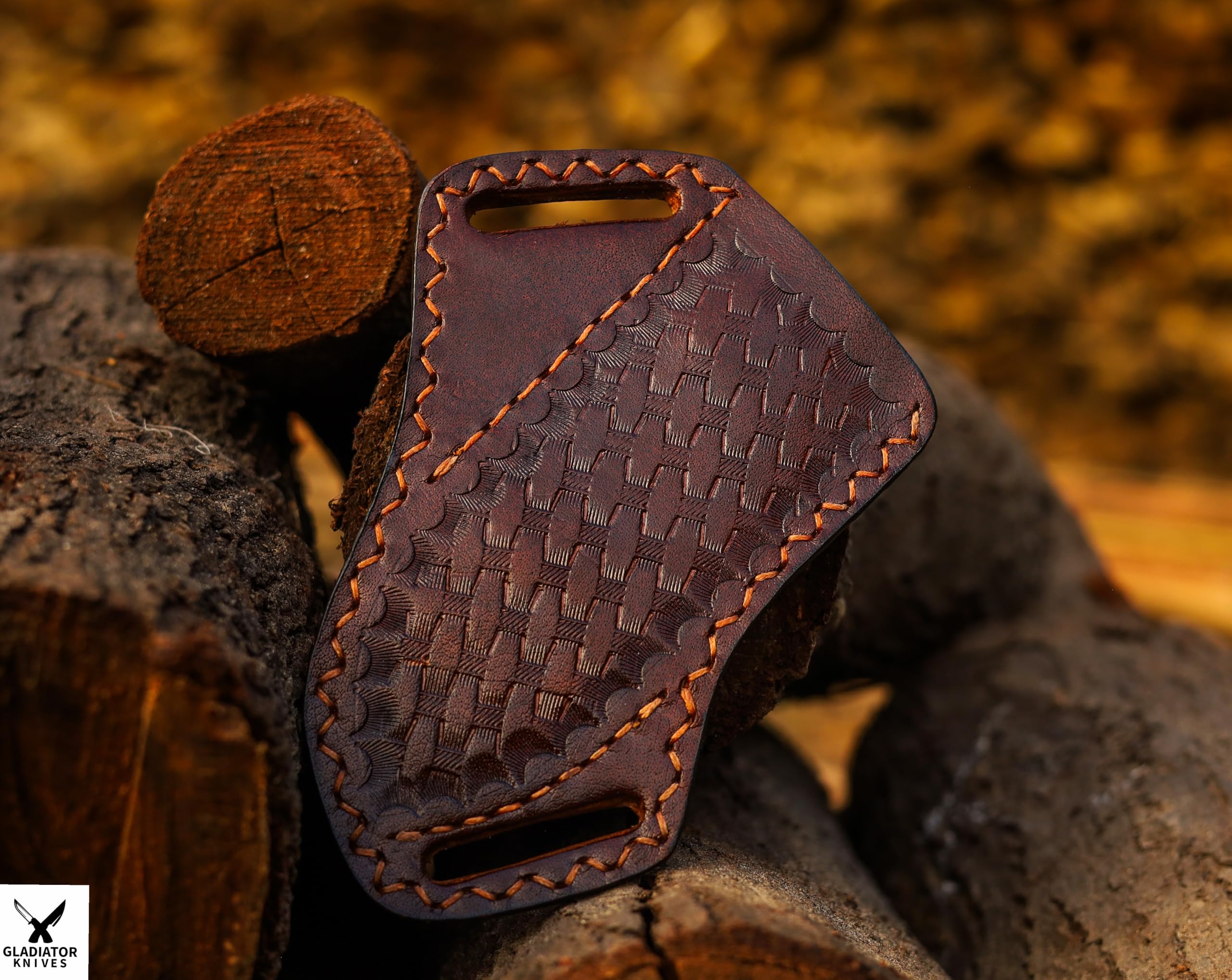 Leather Knife Sheath for Belt, Slanted Pancake Style, Tooled Leather, Cowboy Bull Cutter Cover, Cross Draw, Handmade Stitched with 100% Real Leather (Dark Brown)