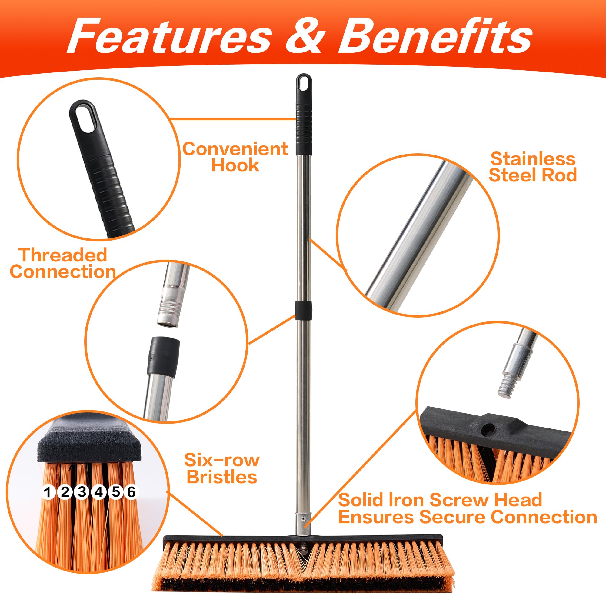 LUCHIA 18” Heavy Duty Push Broom with 65” Adjustable Stainless Steel Handle | Flagged Bristles for Indoor & Outdoor Broom for Floor Cleaning with Brooms, Gloves & Cloth | Orange