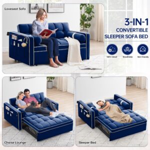 SLEERWAY Convertible Sofa Bed, 3-in-1 Sleeper Sofa with Pull-Out Bed, Velvet Futon Couch with Adjustable Backrest and Side Pocket, Modern Loveseat for Living Room Apartment, Blue