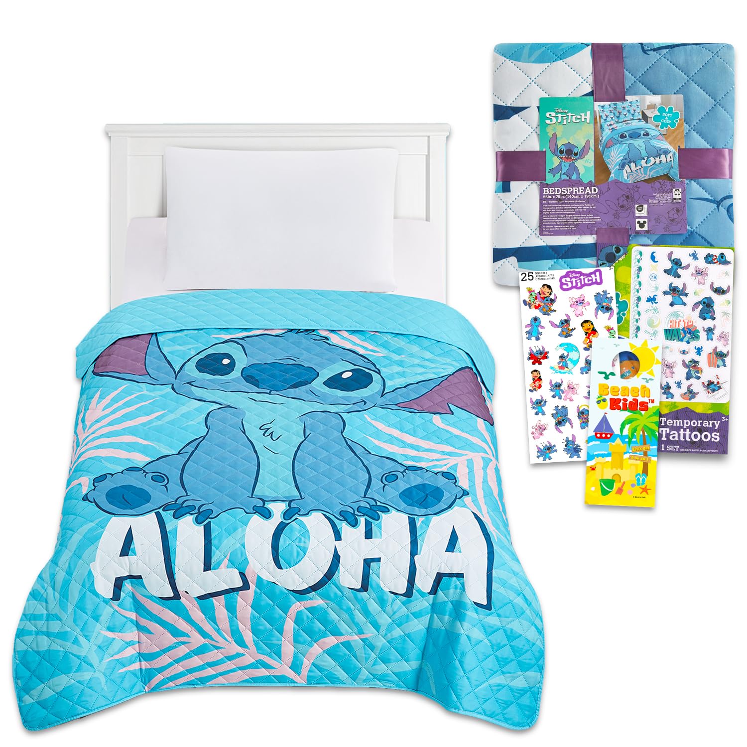 Disney Stitch Bedspread Twin Set for Kids - Bundle with Lilo and Stitch Quilted Bedspread for Twin Bed Plus Stickers, More | Stitch Twin Bedding Set for Boys, Girls