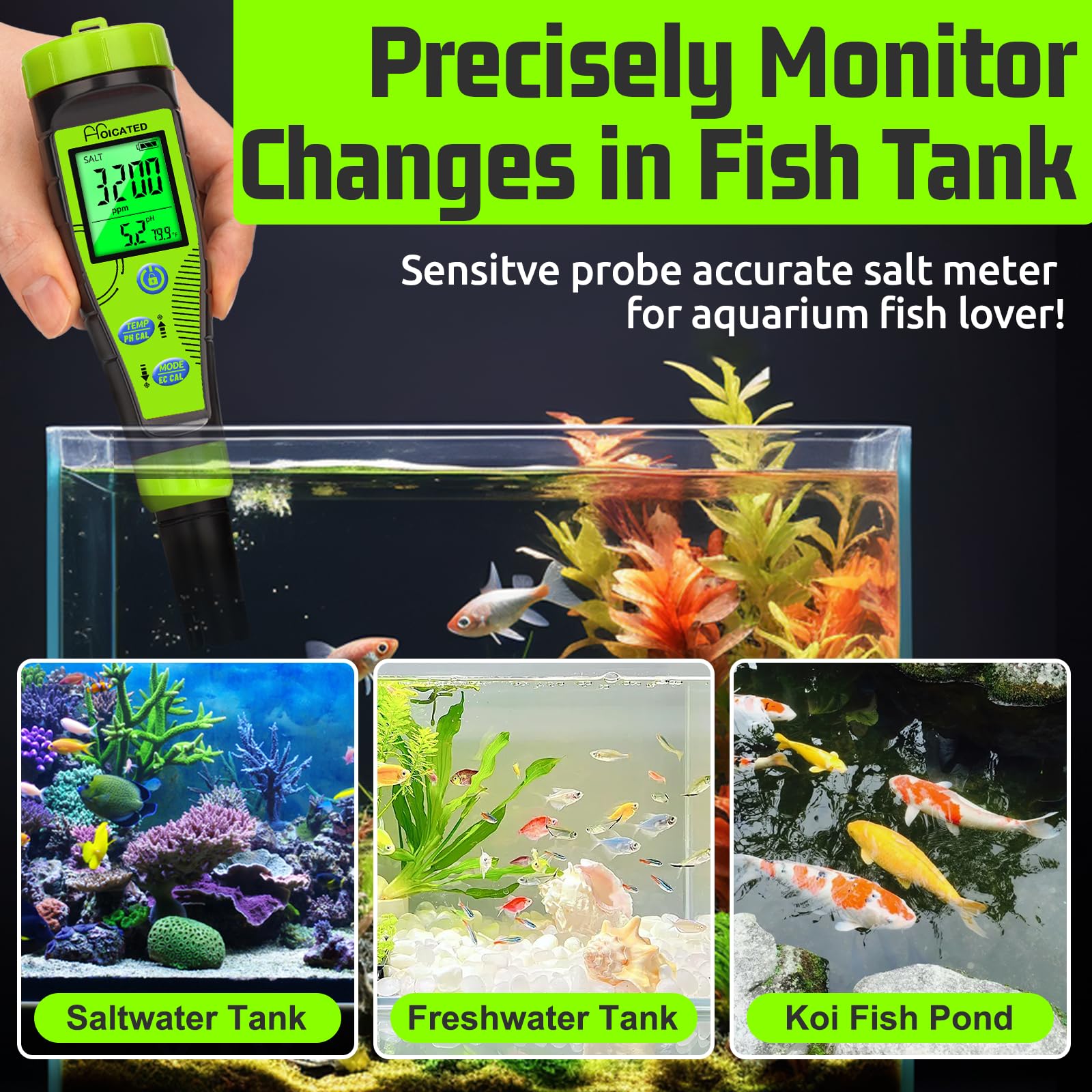 HOICATED Digital Pool Salt Tester for Swimming Pool Large Simultaneous Screen Salinity pH Meter for Koi Pond Aquarium Fish Tank Hot Tub EC Tester for Indoor Garden Hydroponics Water Quality Tester