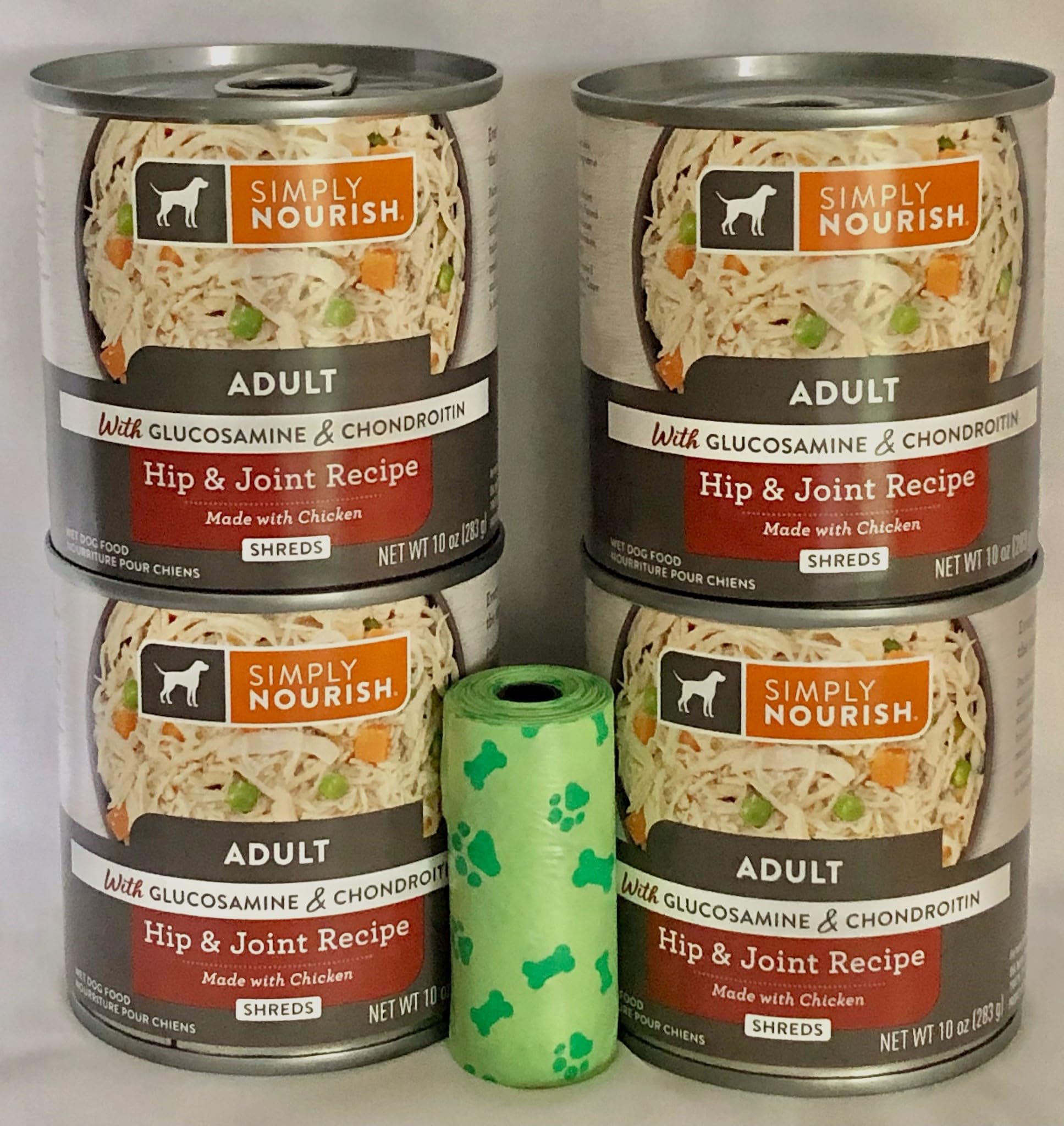 SIMPLY NOURISH Adult Hip & Joint Recipe Shreds Made with Chicken. with Glucosamine & Chondroitin Comes in 4-10 OZ Cans/Plus Dog Waste Bag.