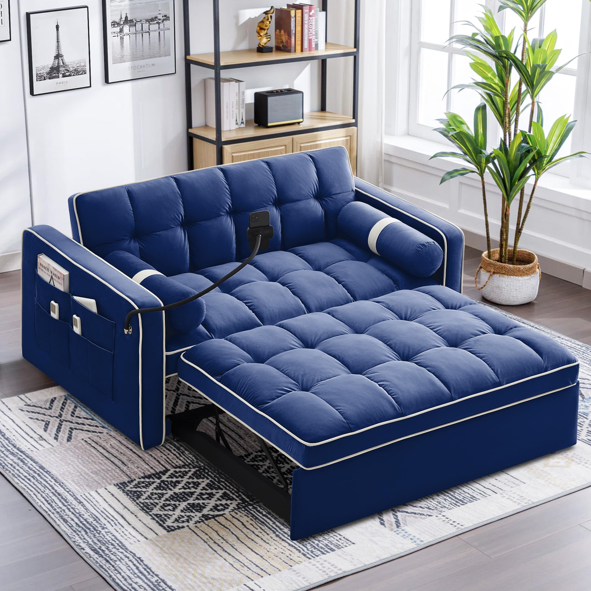 SLEERWAY Convertible Sofa Bed, 3-in-1 Sleeper Sofa with Pull-Out Bed, Velvet Futon Couch with Adjustable Backrest and Side Pocket, Modern Loveseat for Living Room Apartment, Blue