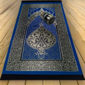 Kapobia Muslim Prayer Rug Islam and Beads, Kaabe Design Box Eid Ramadan Gifts Islamic Set Carnal Salah Mat Taffeta Fabric Black Soft Prayer Mats Men and Women (Blue)