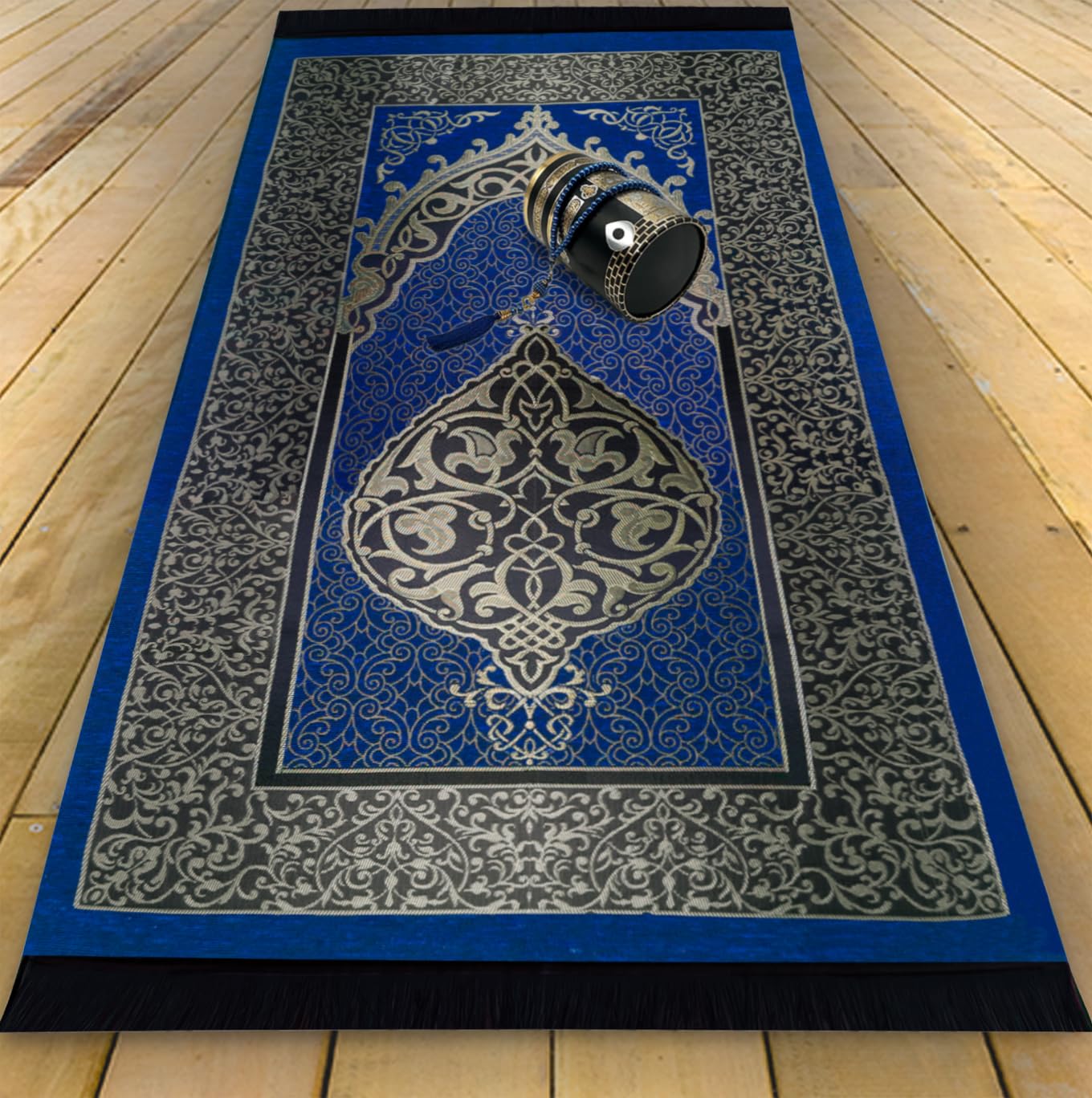 Kapobia Muslim Prayer Rug Islam and Beads, Kaabe Design Box Eid Ramadan Gifts Islamic Set Carnal Salah Mat Taffeta Fabric Black Soft Prayer Mats Men and Women (Blue)