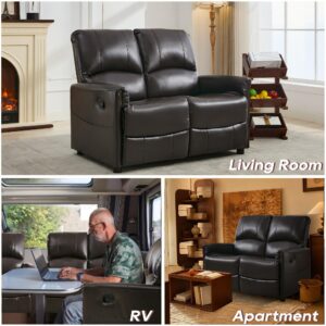 TUNYI 48.2" Loveseat Recliner RV Sofa - Double Manual Recliner Loveseat Glossy Leather Reclining Loveseat RV Furniture with 1" Leg and Side Pocket for Living Room/Apartment/RV (Brown)