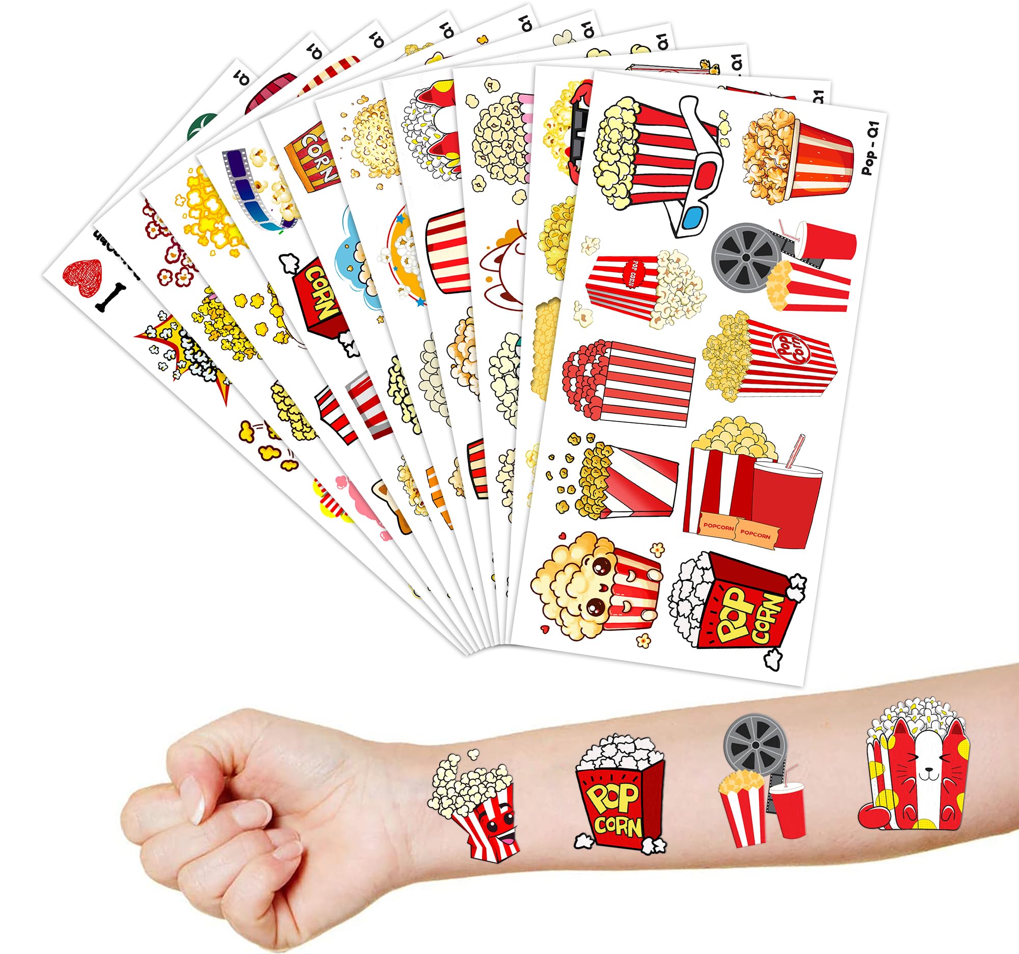 100 PCS Popcorn Corn Movie Night Themed Temporary Tattoos Birthday Party Decorations Favors Supplies Cute Circus Fake Tattoo Stickers Party Gifts for Children Girls Boys Home Activity School Rewards