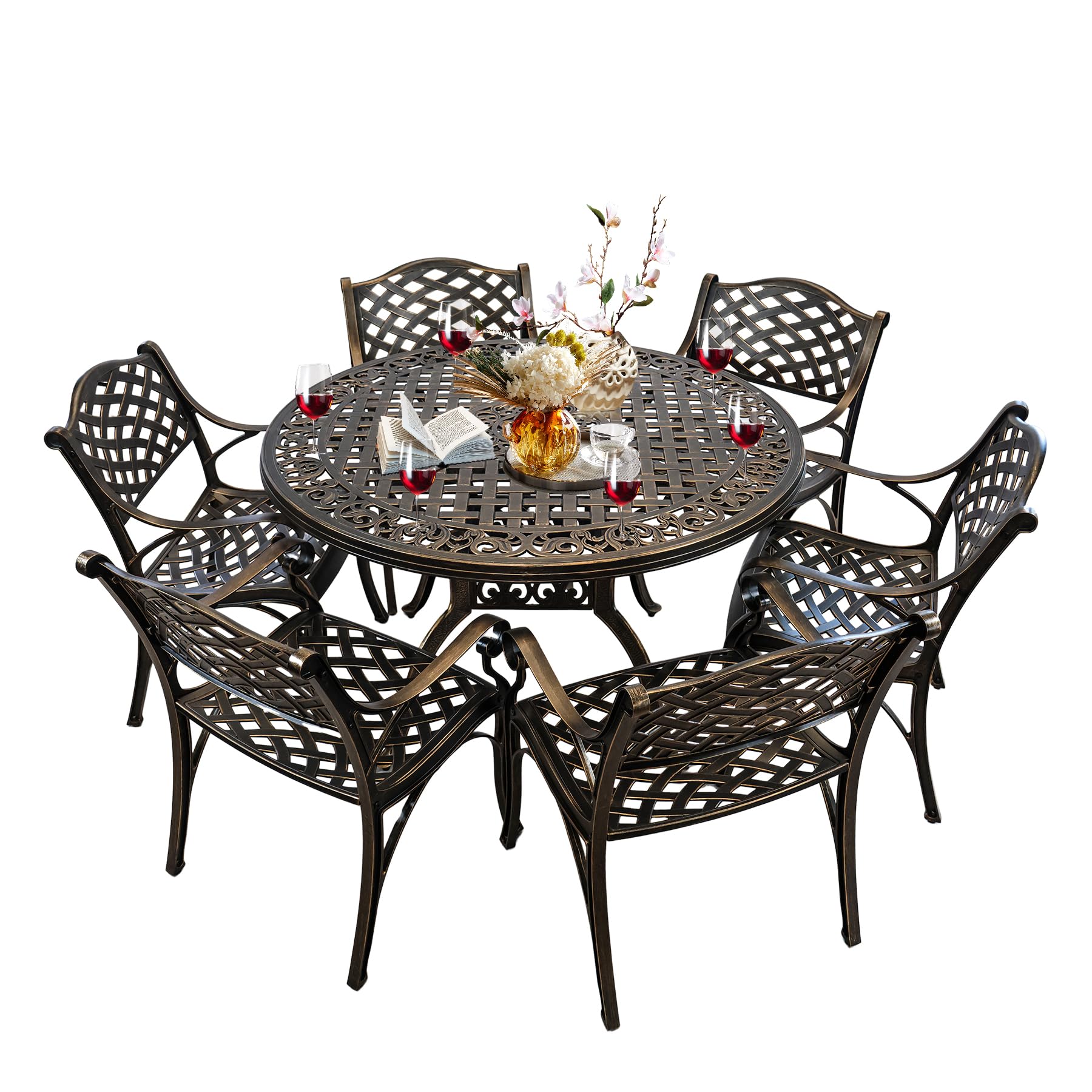 PATIO-IN 7 Piece Patio Dinning Set, 48.23" Metal Table Set, Outdoor Cast Aluminum Dinning Set, All Weather Patio Furniture for Garden, Include 6 chairs and 1 Round Patio Table with 2.36" Umbrella Hole