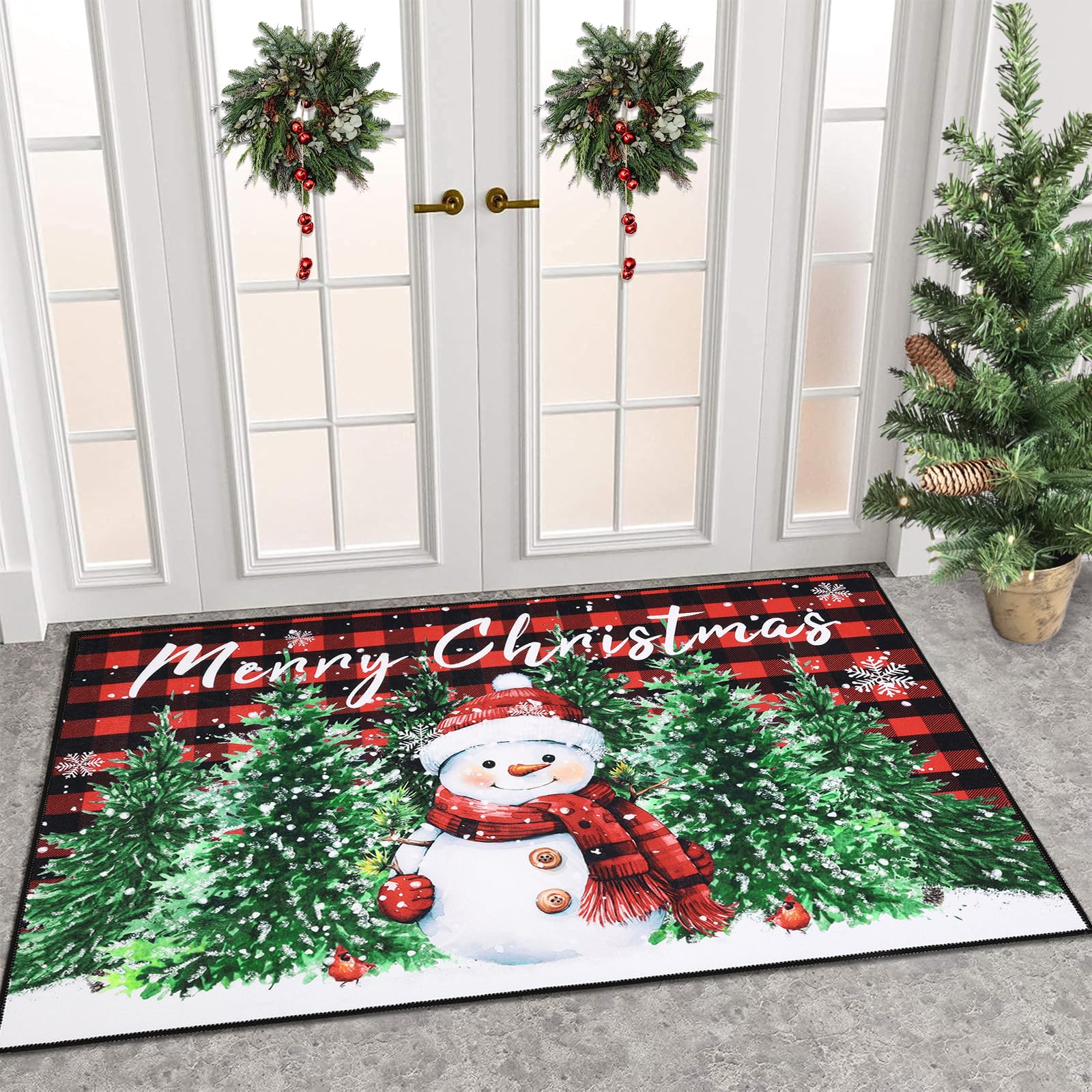 SHACOS Christmas Doormat Washable Non-Slip Christmas Red and Black Plaid and Snowman Doormats, Winter Xmas Tree Low Profile Entrance Floor Mat Merry Christmas Decorations for Home, 32"x48"