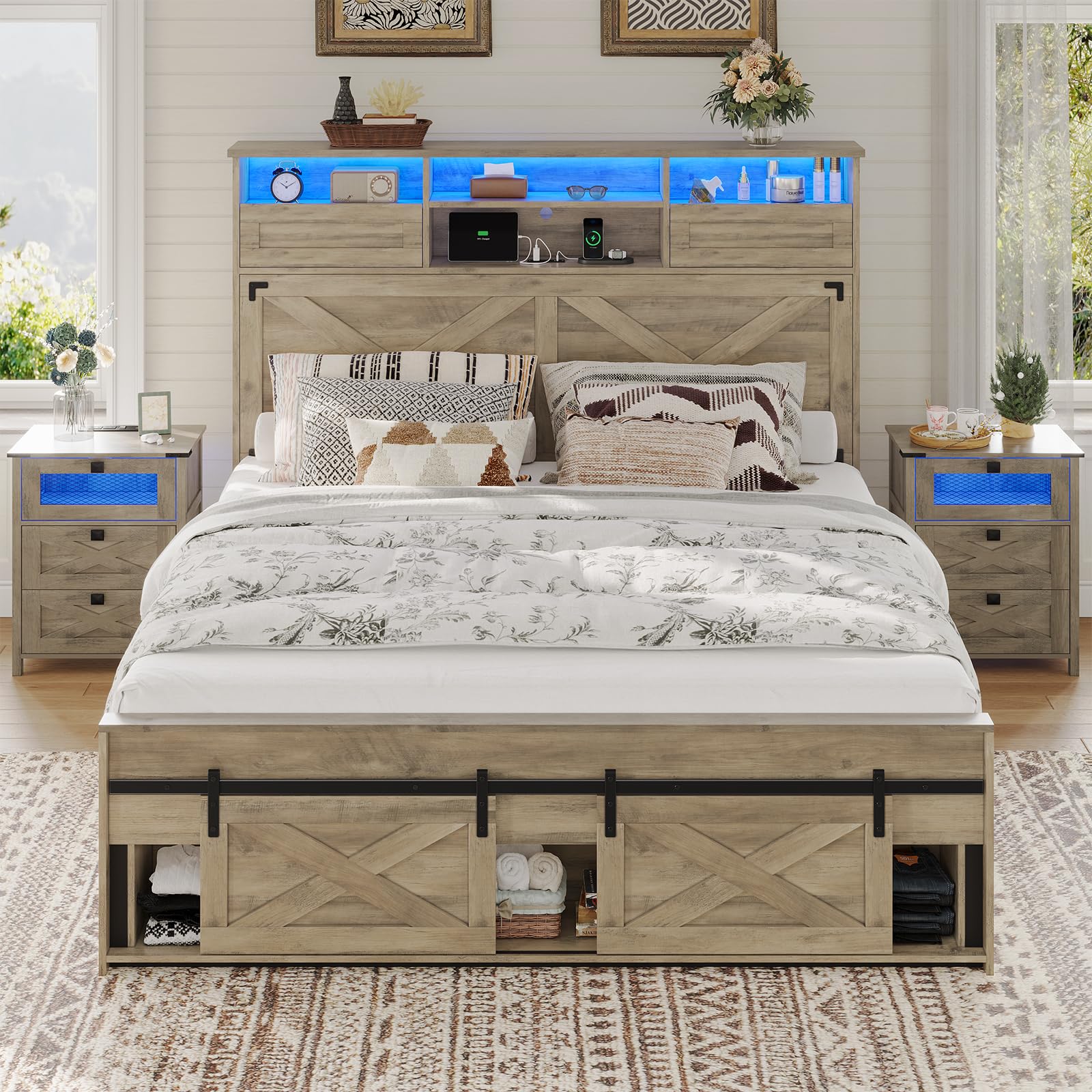 Hasuit Farmhouse Bed Frame Queen Size with LED Lights and Charging Station, 51.4" High Headboard with Storage Shelves and Rustic Country Queen Bed with Sliding Barn Door Storage Footboard, Rustic Oak