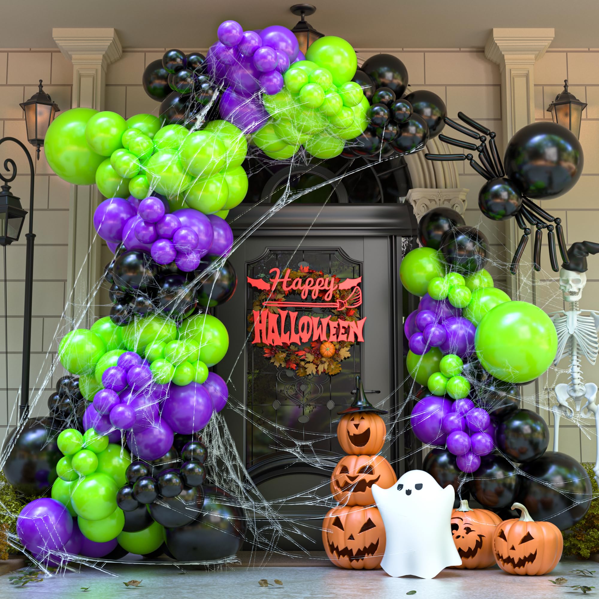 YAOWKY 135Pcs Halloween Balloons Garland Arch Kit, Black and Purple Lime Green Balloons with Spider Web for Halloween Birthday Party Decorations