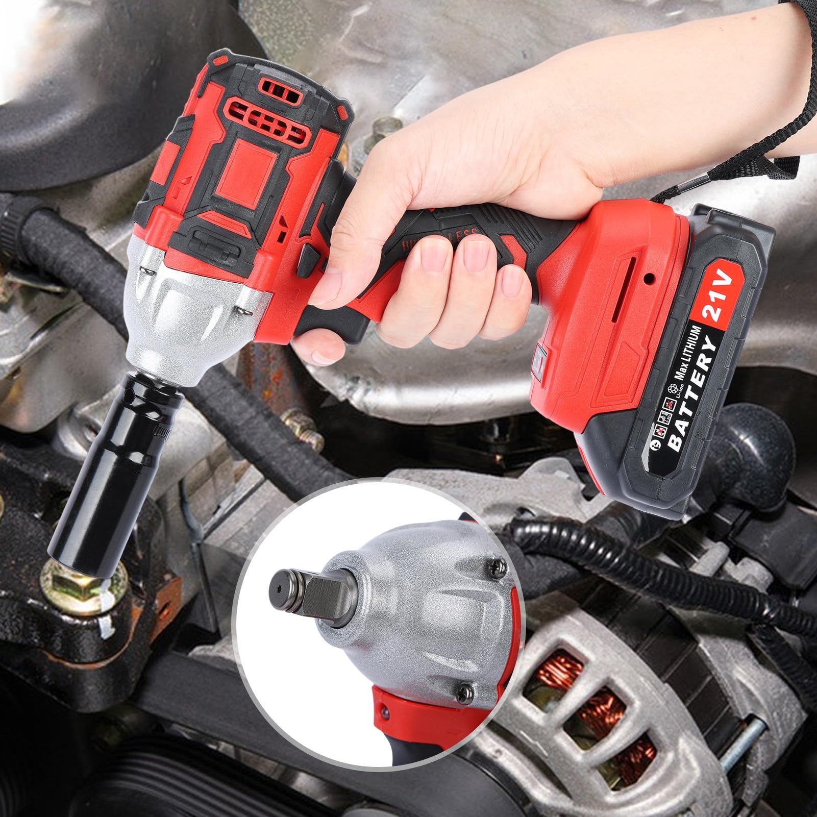 BESUFY Cordless Impact Wrench, Electric Wrench with 2 x 1500mAh Batteries, 21V and 520Nm High Torque, 1/2 Inch Electric Impact Driver, Brushless Motor Electric Impact Wrench for Car Lawn Mower Red