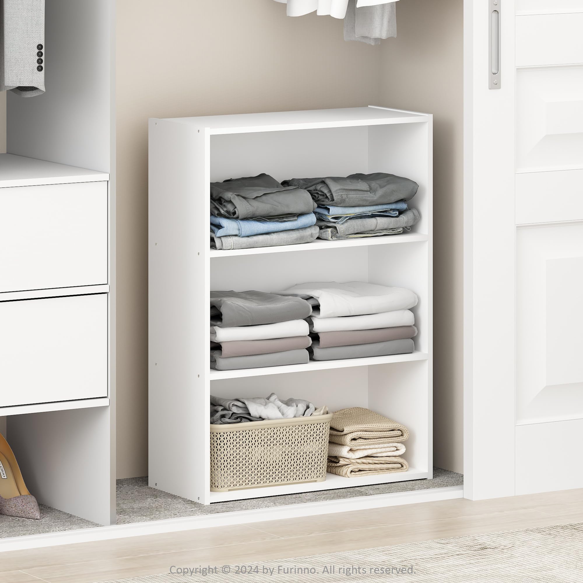 Furinno Reed 3-Tier Multipurpose Open Shelf Clothing & Closet Storage Organization, Plain White