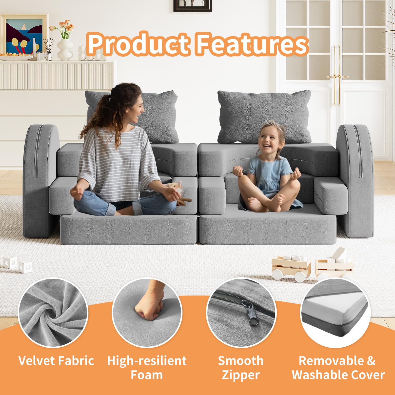 Neoriver Kids Couch, 12PCS Modular Kids Play Couch with 2 Pillows and Tunnel, Fold Out Toddler Couch for Playroom Bedroom, Creative Kids Sectional Foam Sofa for Boys and Girls, Grey