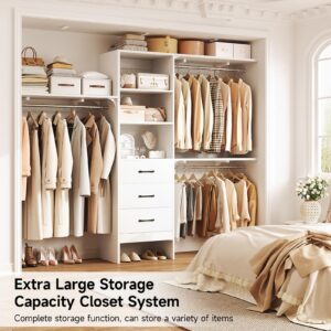 96 Inches Closet System, 8FT Walk In Closet Organizer with 3 Adjustable Shelves & 3 Hang Rods , Heavy Duty Clothes Rack with 3 Drawers, Built-In Garment Rack, 96"L x 16"W x 75"H, Load 1000 LBS, White